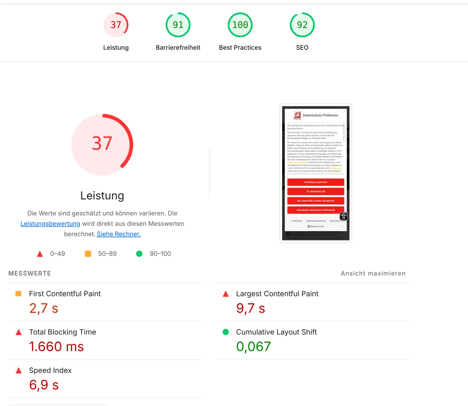 Lighthouse-Bericht für elektroschwarzer.de: Leistung 37, Barrierefreiheit 91, Best Practices 100, SEO 92